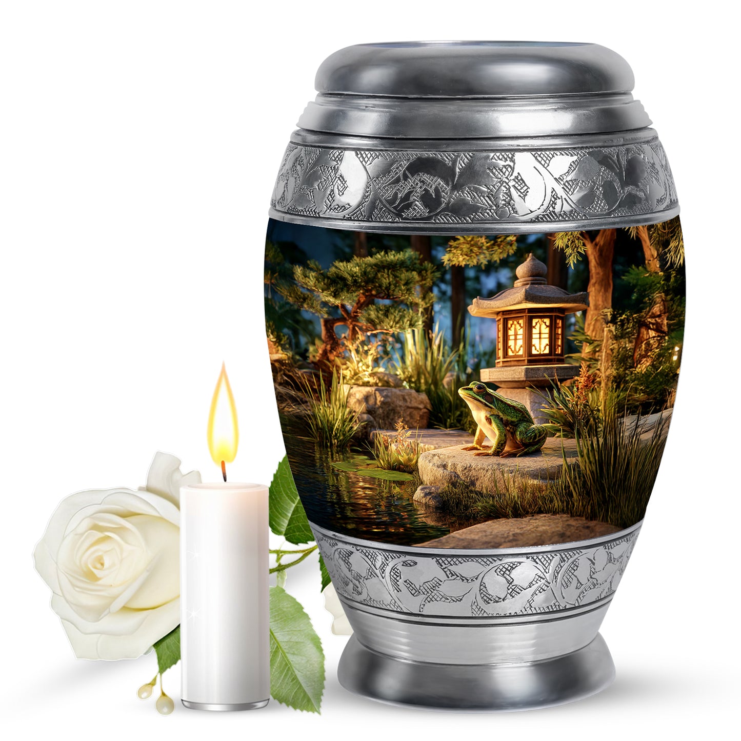 Gilded Gold Frog Cremation Urn back view with polished surface - ornate monarch-style frog relief on brushed aluminum - full-size 10 inch 200 cubic inch adult cremation urn