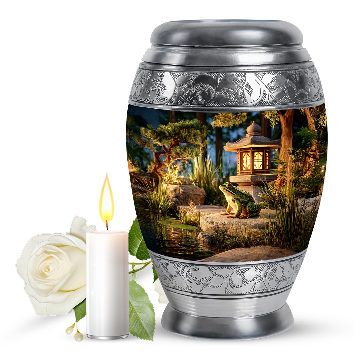 Gilded Gold Frog Cremation Urn back view with polished surface - ornate monarch-style frog relief on brushed aluminum - full-size 10 inch 200 cubic inch adult cremation urn