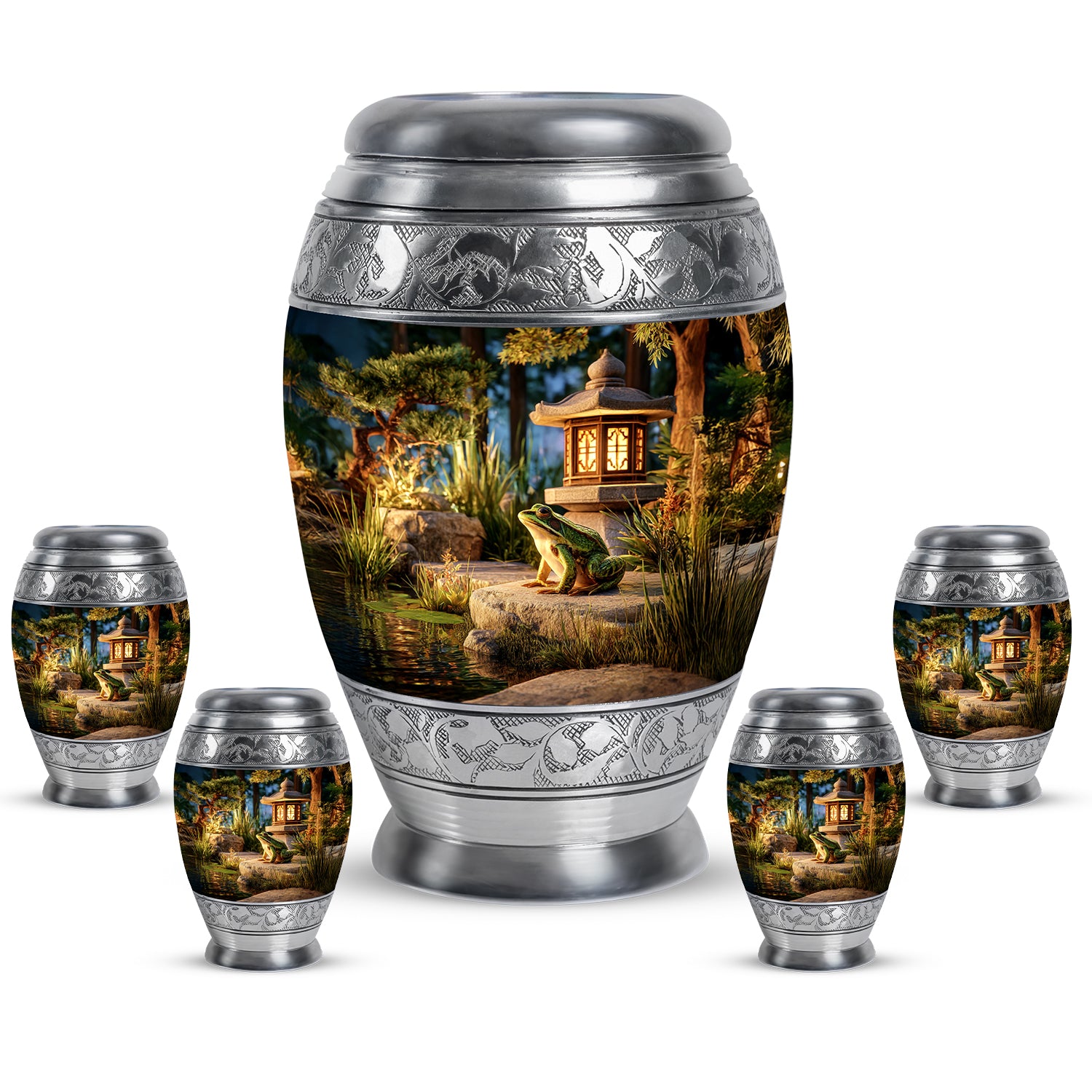 Matte Gold Frog Cremation Urn detail view - royal frog engraving with decorative scrollwork - memorial set with one large and four small urns