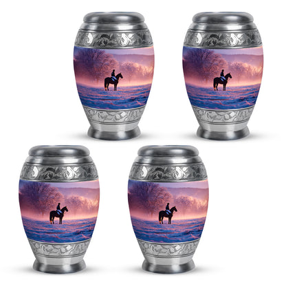 Twilight Purple Horse Polo Cremation Urn urn with complimentary velvet bag - majestic horse polo pattern with filigree border - 10 inch aluminum urn for cremated remains