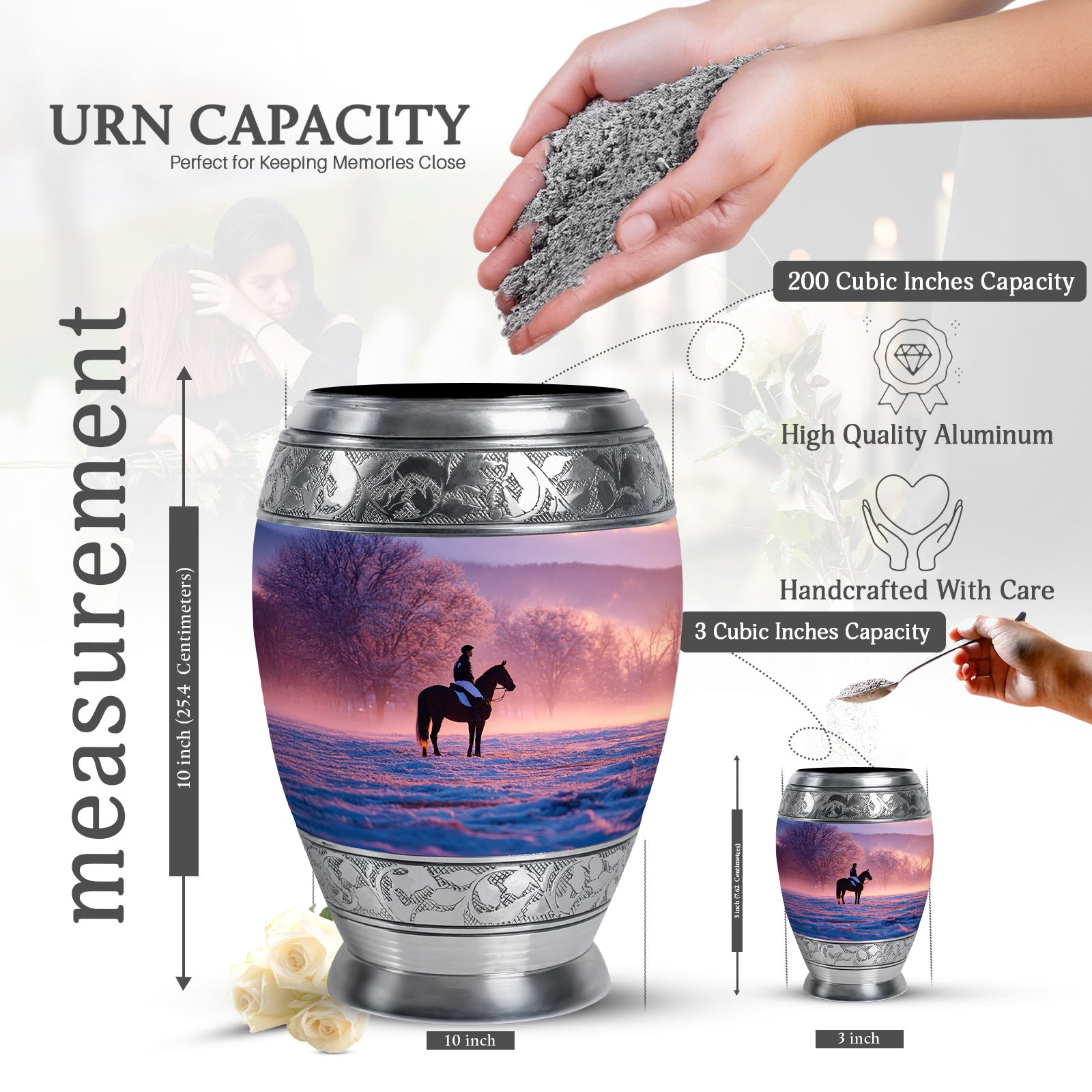 Violet Purple Horse Polo Cremation Urn lifestyle display on memorial shelf - majestic horse polo pattern with filigree border - mini keepsake memorial for portion of cremation ashes