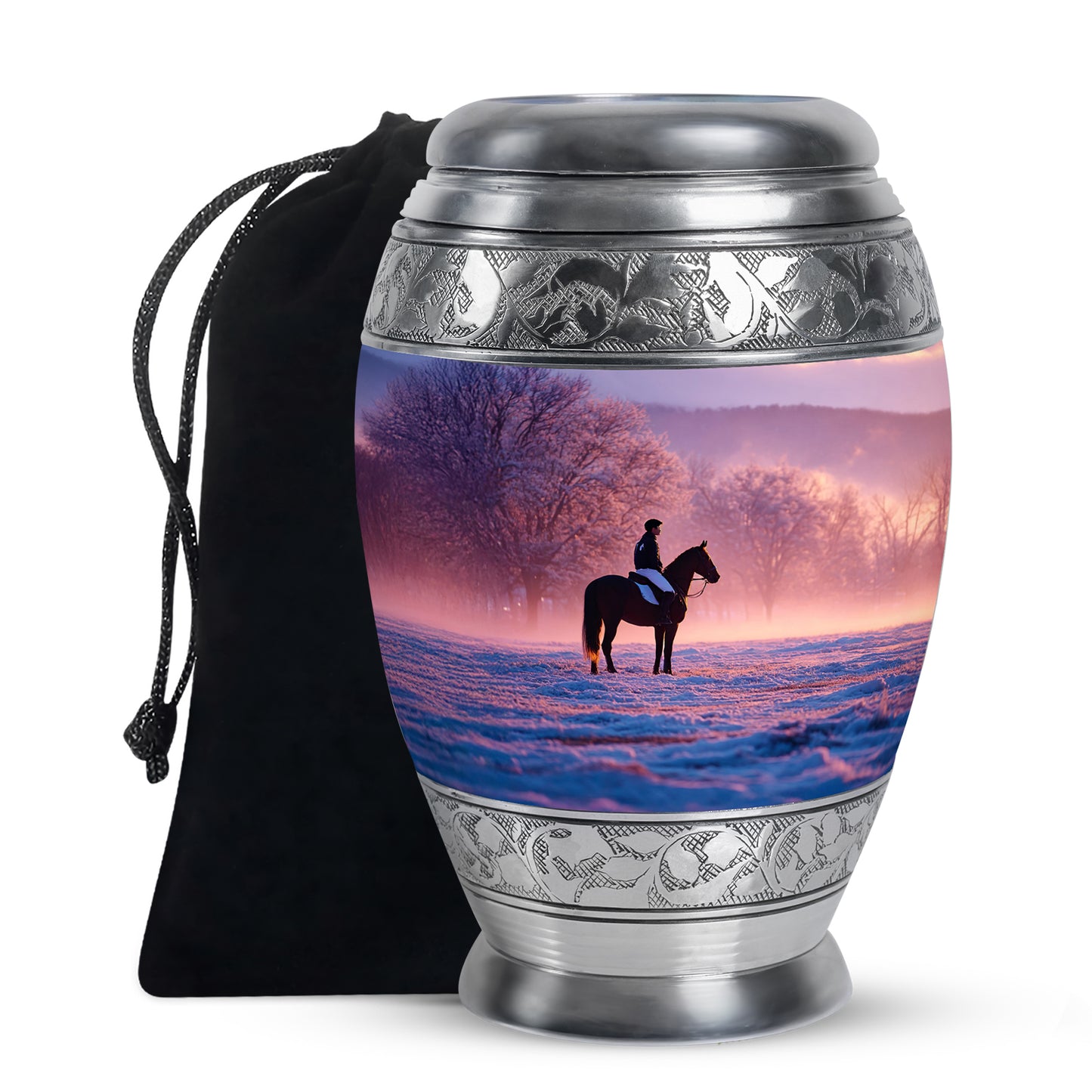 Plum Purple Horse Polo Cremation Urn back view with polished surface - regal horse polo design with crown-inspired accents - full-size 10 inch 200 cubic inch adult cremation urn