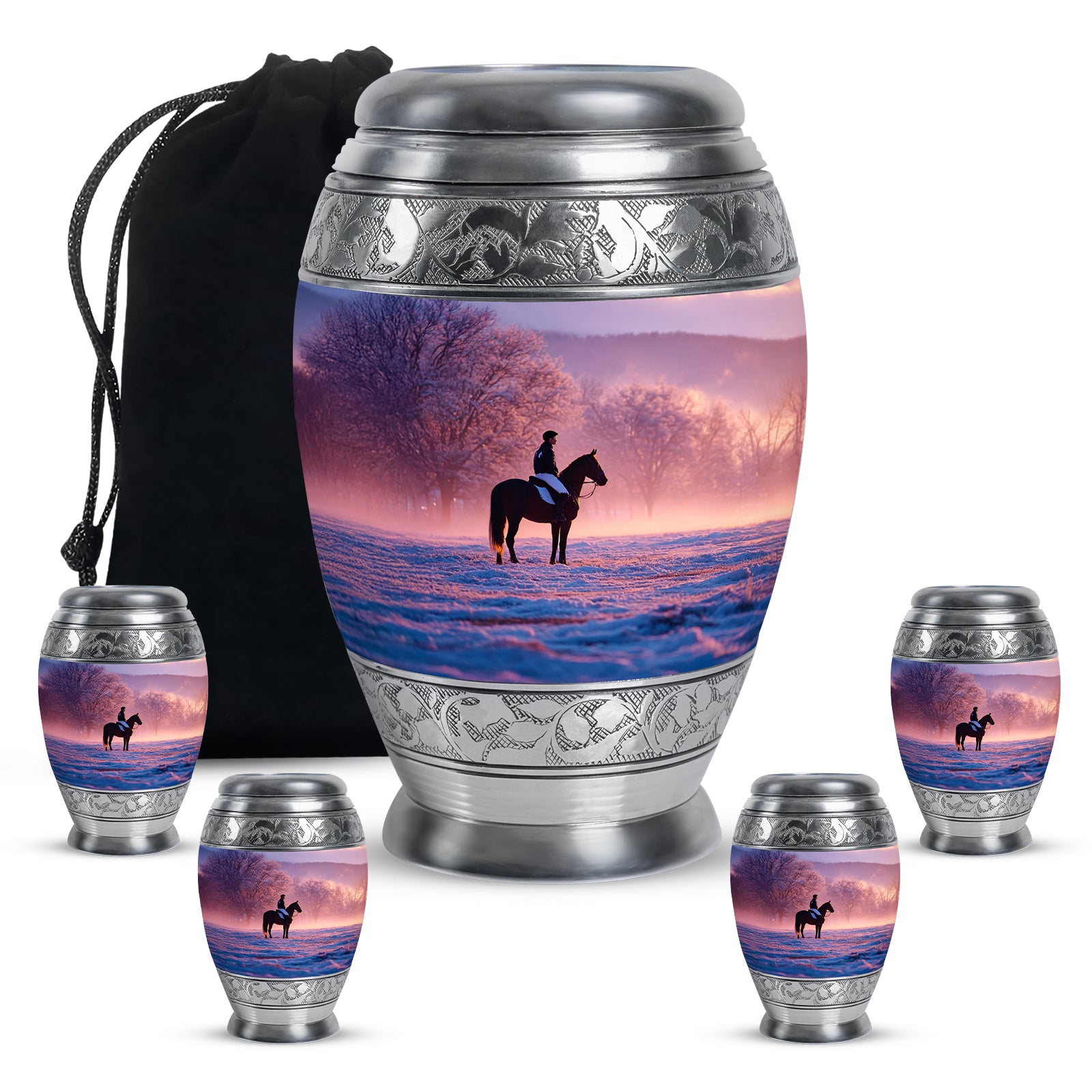 Grape Purple Horse Polo Cremation Urn detail view - royal horse polo engraving with decorative scrollwork - memorial set with one large and four small urns