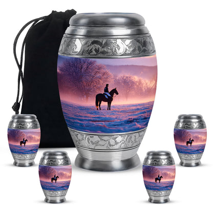 Grape Purple Horse Polo Cremation Urn detail view - royal horse polo engraving with decorative scrollwork - memorial set with one large and four small urns
