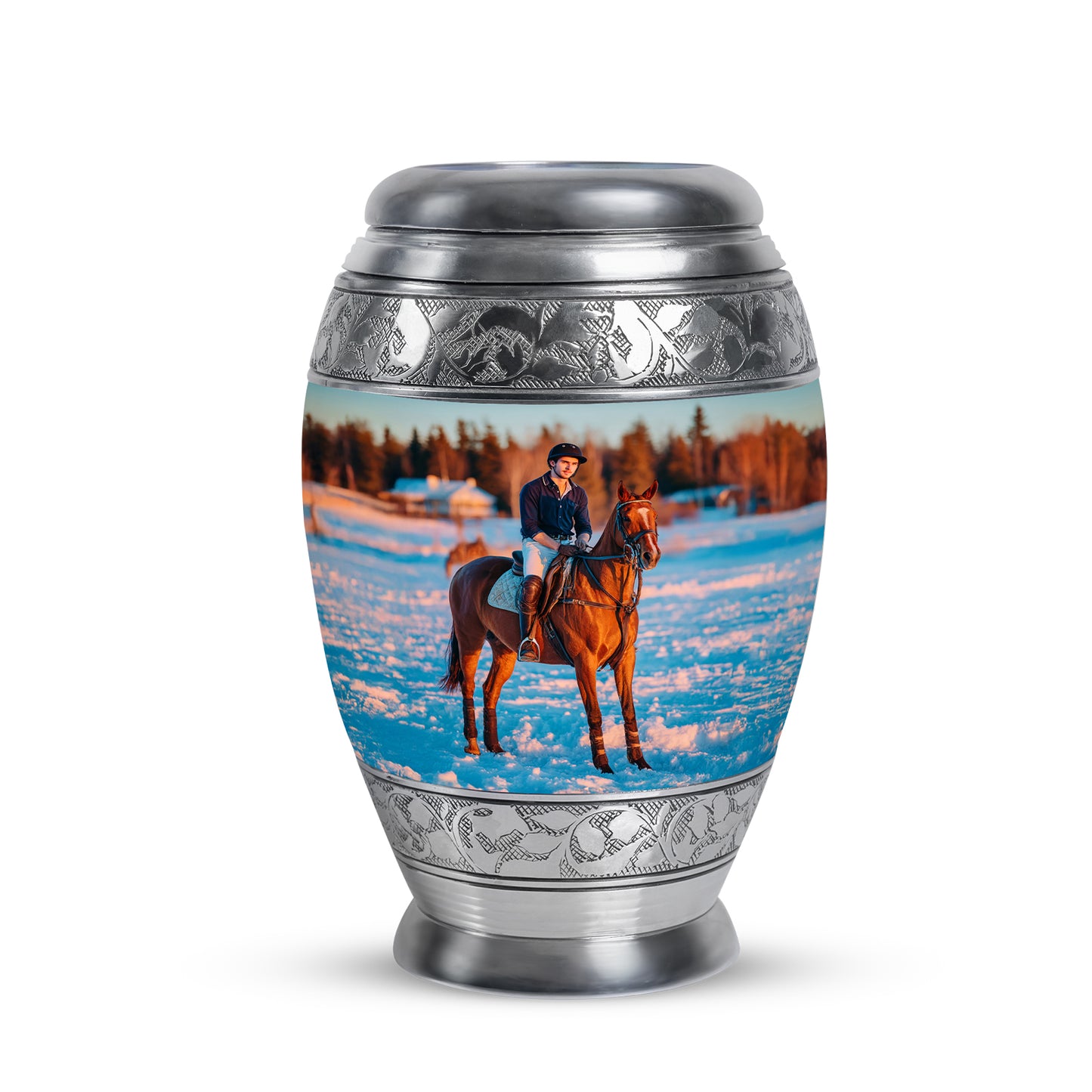 Personalized Silver Revered Horse Polo Cremation Urns for Human Ashes - 10-inch, 200 cu in - Yatskia