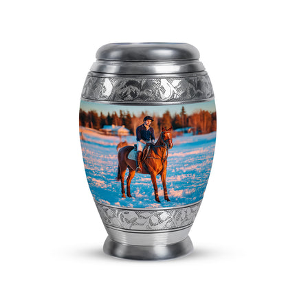 Personalized Silver Revered Horse Polo Cremation Urns for Human Ashes - 10-inch, 200 cu in - Yatskia