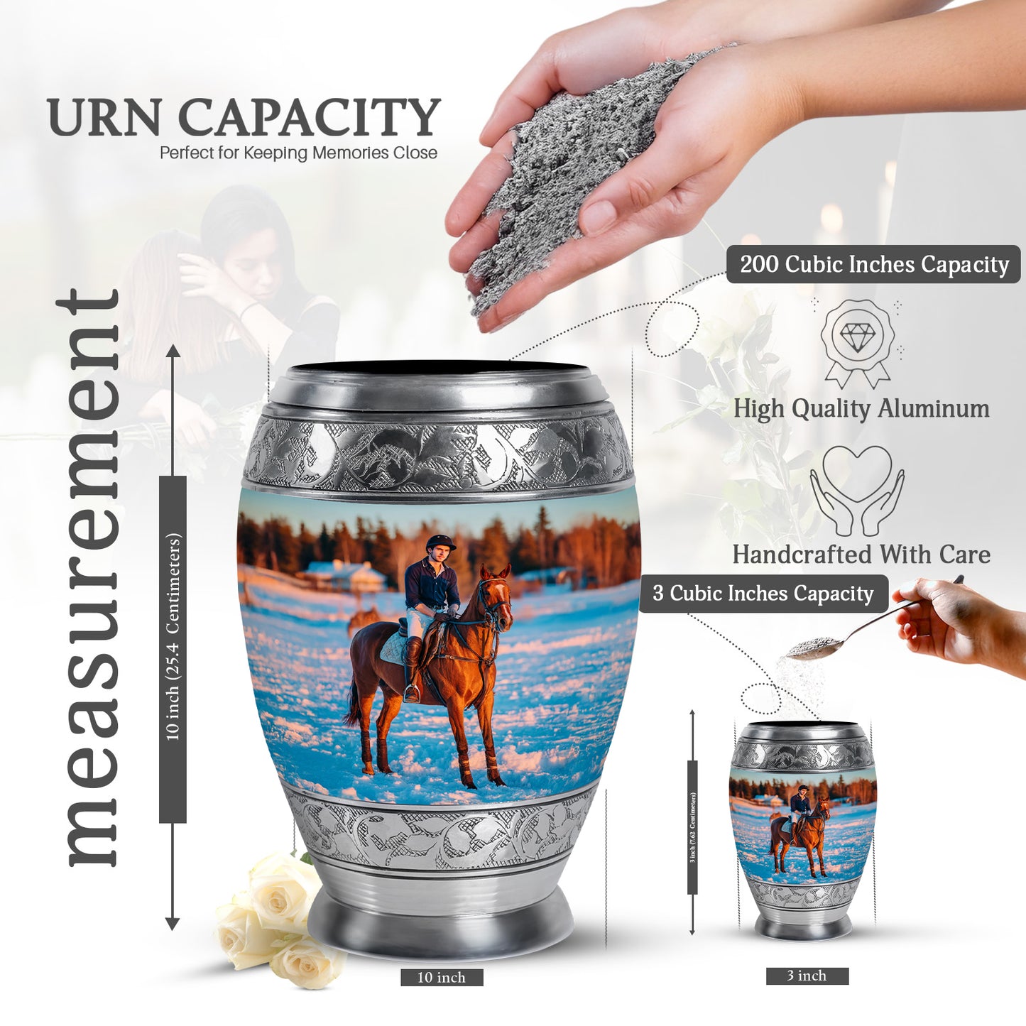 Satin Silver Horse Polo Cremation Urn lifestyle display on memorial shelf - ornate monarch-style horse polo relief on brushed aluminum - mini keepsake memorial for portion of cremation ashes