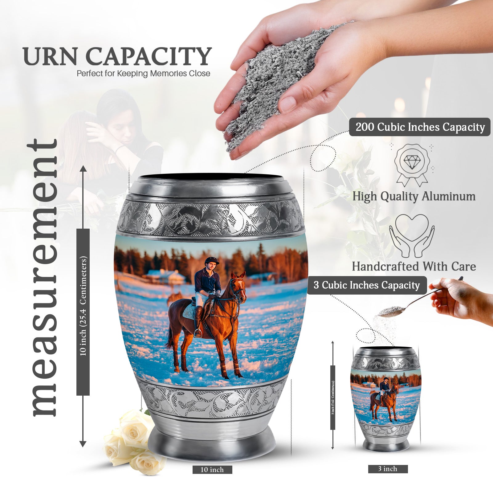 Satin Silver Horse Polo Cremation Urn lifestyle display on memorial shelf - ornate monarch-style horse polo relief on brushed aluminum - mini keepsake memorial for portion of cremation ashes