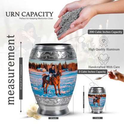 Satin Silver Horse Polo Cremation Urn lifestyle display on memorial shelf - ornate monarch-style horse polo relief on brushed aluminum - mini keepsake memorial for portion of cremation ashes