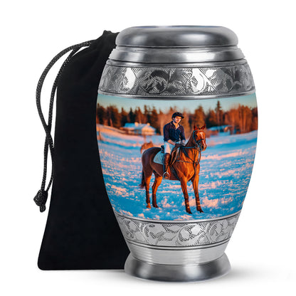 Polished Silver Horse Polo Cremation Urn back view with polished surface - majestic horse polo pattern with filigree border - full-size 10 inch 200 cubic inch adult cremation urn