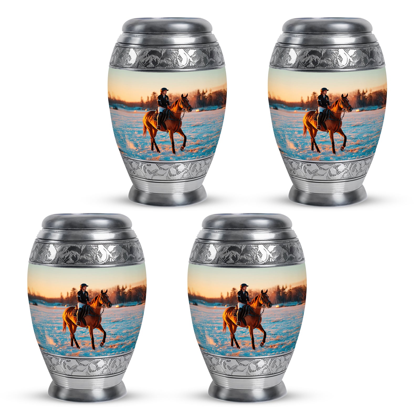 Chrome Silver Horse Polo Cremation Urn urn with complimentary velvet bag - royal horse polo engraving with decorative scrollwork - 10 inch aluminum urn for cremated remains