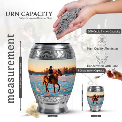 Satin Silver Horse Polo Cremation Urn lifestyle display on memorial shelf - ornate monarch-style horse polo relief on brushed aluminum - mini keepsake memorial for portion of cremation ashes