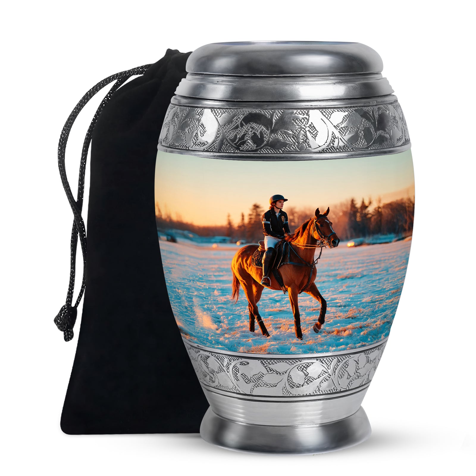Polished Silver Horse Polo Cremation Urn back view with polished surface - royal horse polo engraving with decorative scrollwork - full-size 10 inch 200 cubic inch adult cremation urn