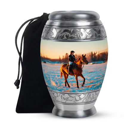 Polished Silver Horse Polo Cremation Urn back view with polished surface - royal horse polo engraving with decorative scrollwork - full-size 10 inch 200 cubic inch adult cremation urn