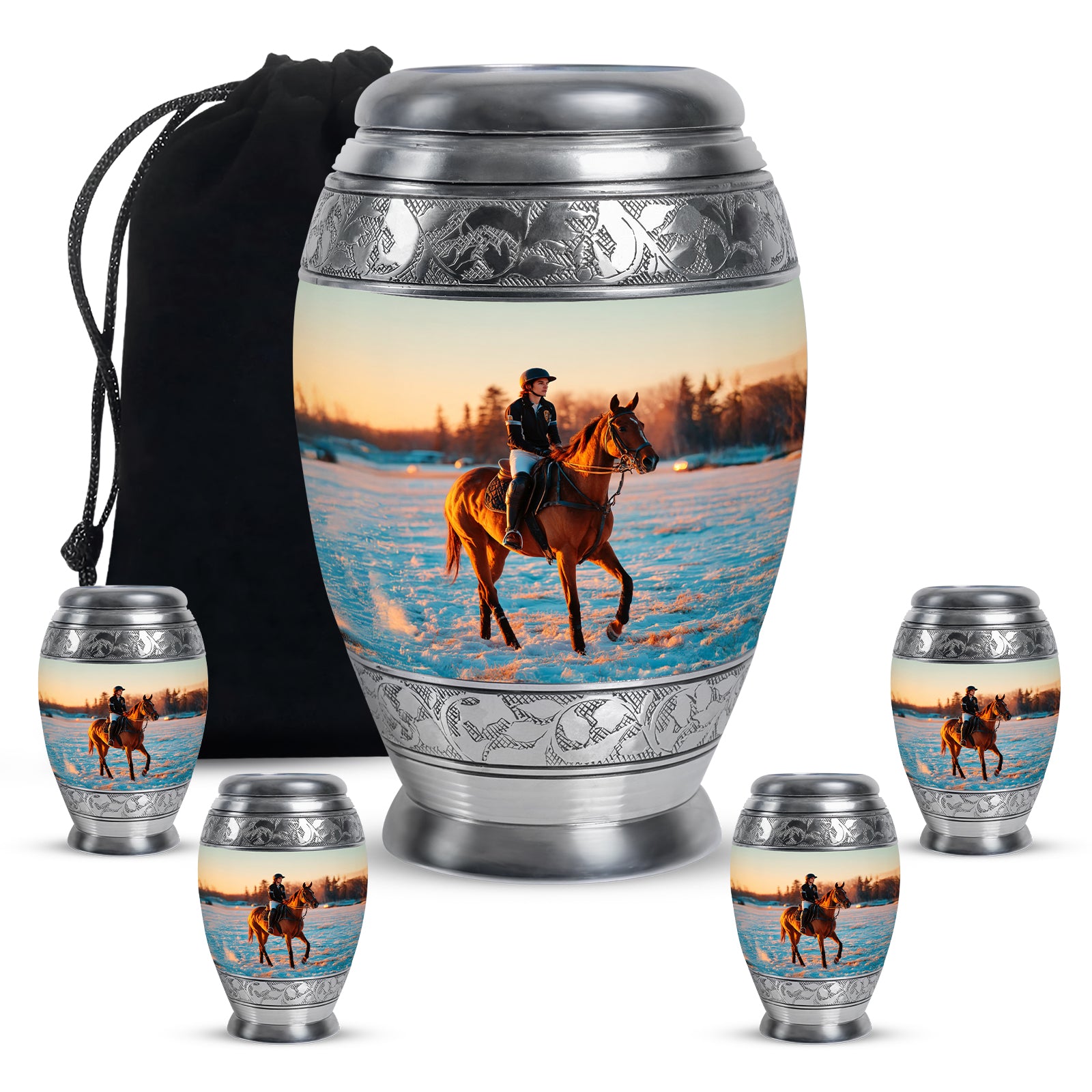 Polished Silver Horse Polo Cremation Urn detail view - royal horse polo engraving with decorative scrollwork - memorial set with one large and four small urns
