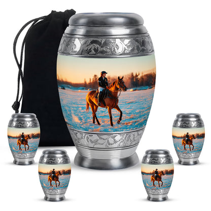Polished Silver Horse Polo Cremation Urn detail view - royal horse polo engraving with decorative scrollwork - memorial set with one large and four small urns