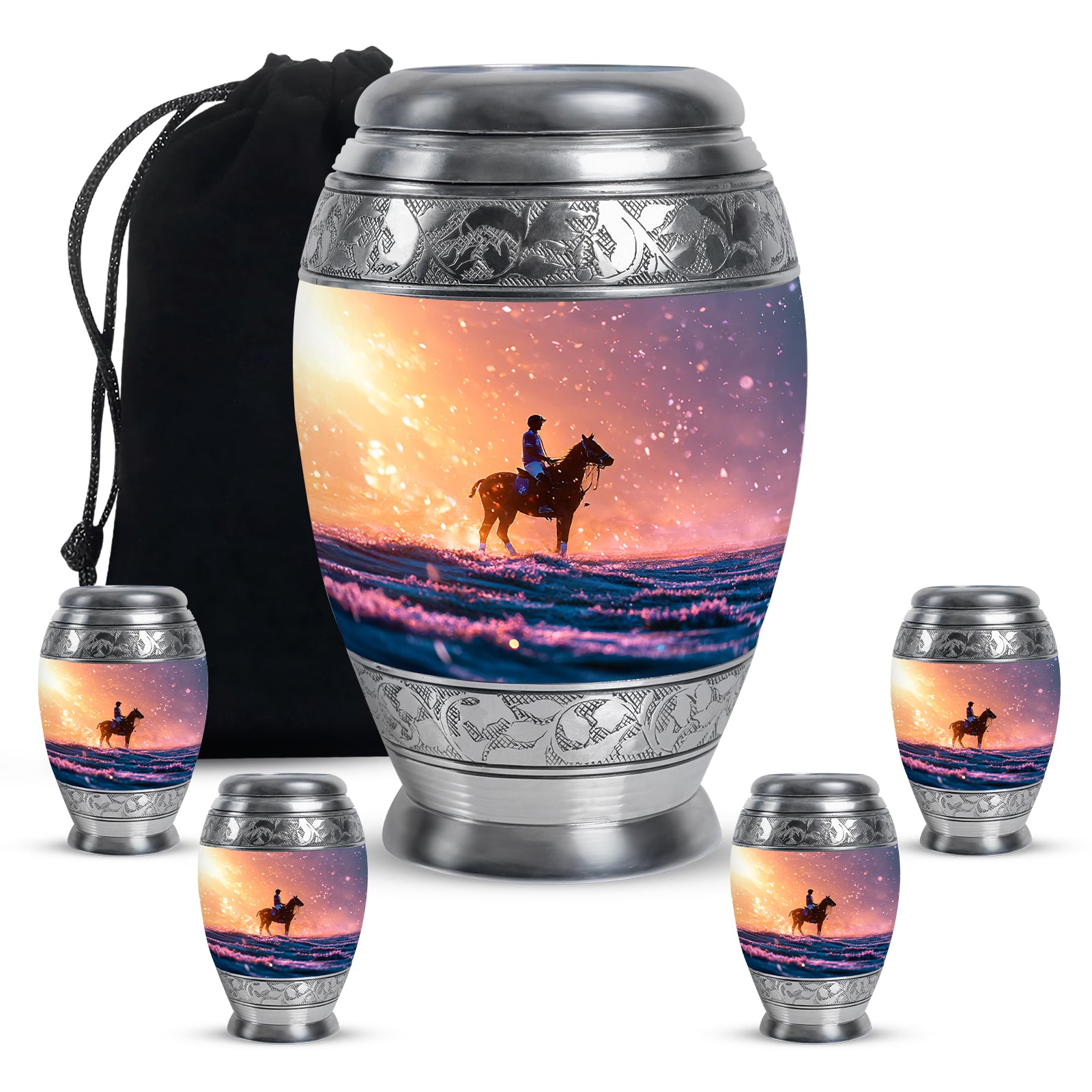 Cherry Red Horse Polo Cremation Urn detail view - royal horse polo engraving with decorative scrollwork - memorial set with one large and four small urns