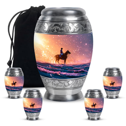 Cherry Red Horse Polo Cremation Urn detail view - royal horse polo engraving with decorative scrollwork - memorial set with one large and four small urns