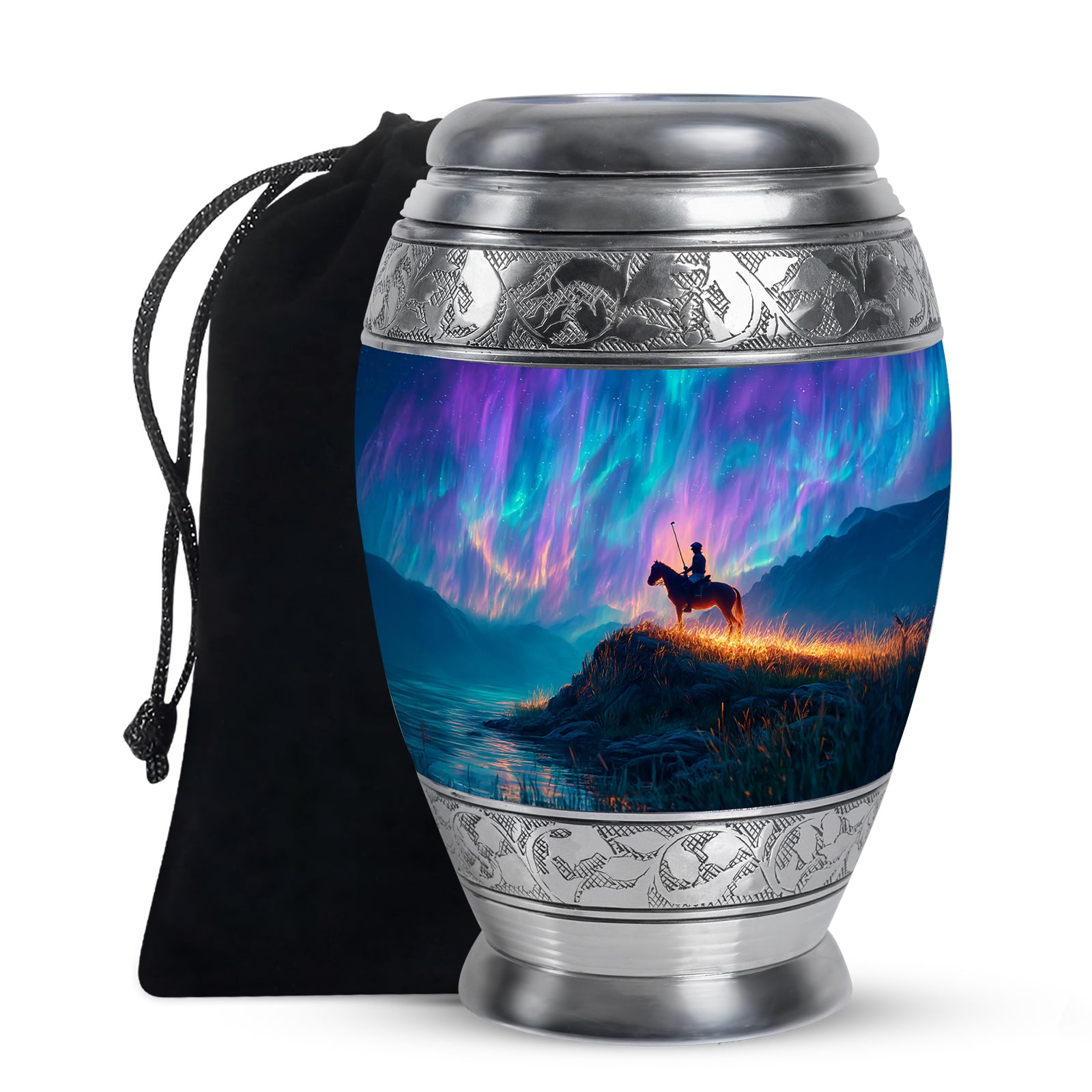 Calming Blue Horse Polo Cremation Urn back view with polished surface - majestic horse polo pattern with filigree border - full-size 10 inch 200 cubic inch adult cremation urn