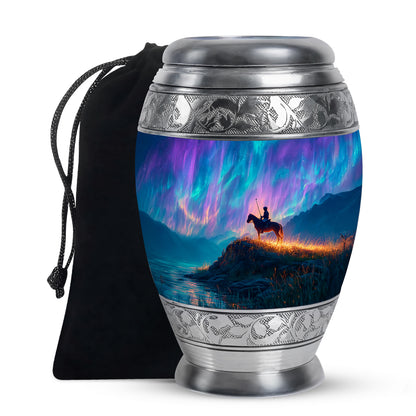 Calming Blue Horse Polo Cremation Urn back view with polished surface - majestic horse polo pattern with filigree border - full-size 10 inch 200 cubic inch adult cremation urn