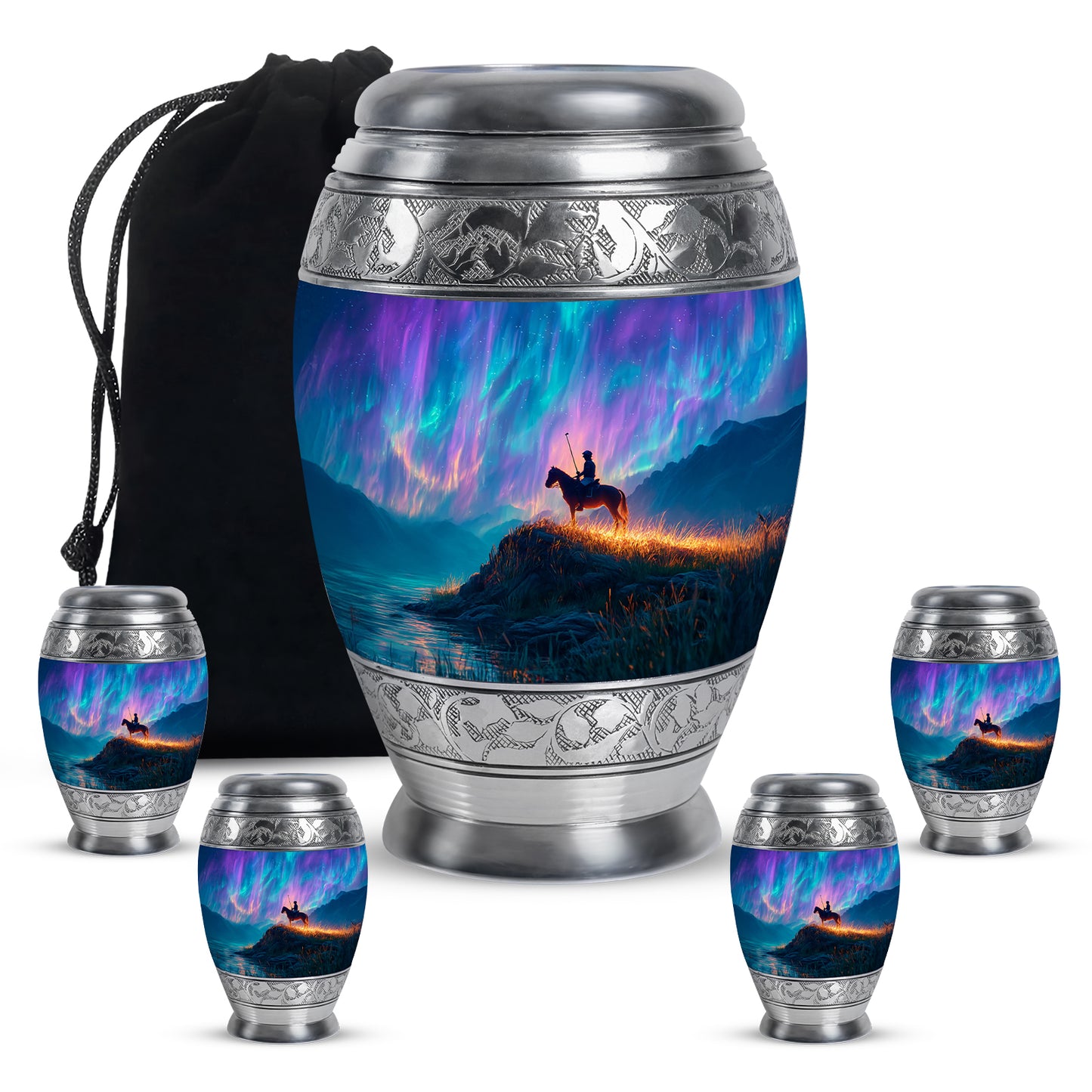 Sky Blue Horse Polo Cremation Urn detail view - regal horse polo design with crown-inspired accents - memorial set with one large and four small urns