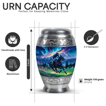 Pastel Blue Horse Polo Cremation Urn lifestyle display on memorial shelf - regal horse polo design with crown-inspired accents - mini keepsake memorial for portion of cremation ashes