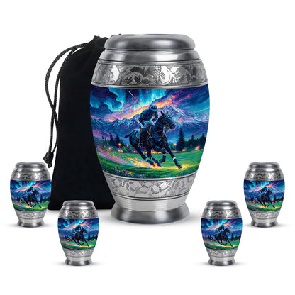 Navy Blue Horse Polo Cremation Urn detail view - regal horse polo design with crown-inspired accents - memorial set with one large and four small urns