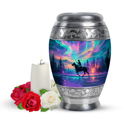 Distinguished Blue Horse Polo Cremation Urn for Ashes - 10-inch, 200 cu in - Yatskia