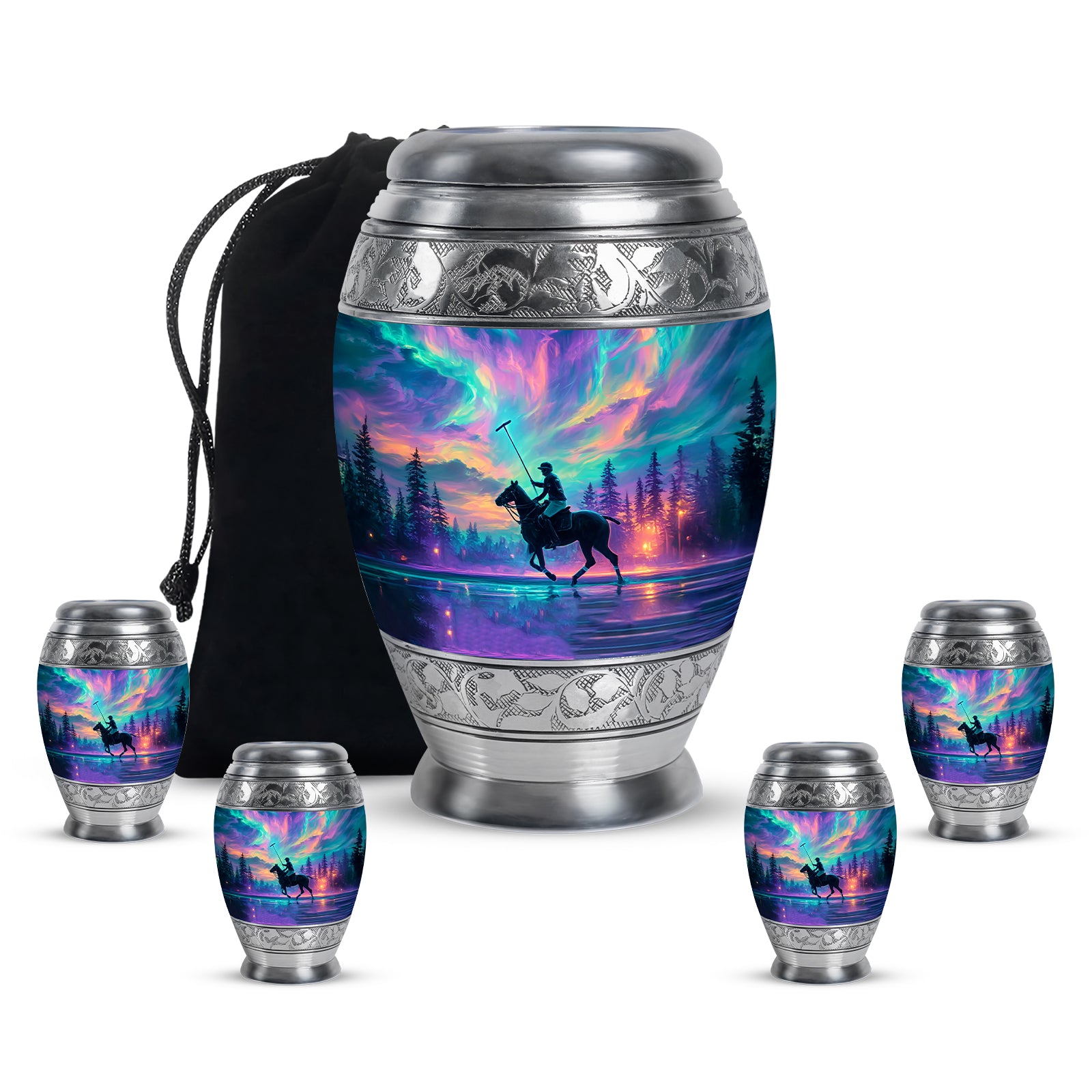 Misty Blue Horse Polo Cremation Urn detail view - regal horse polo design with crown-inspired accents - memorial set with one large and four small urns
