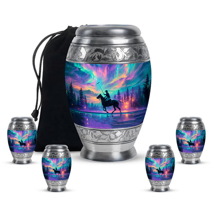 Misty Blue Horse Polo Cremation Urn detail view - regal horse polo design with crown-inspired accents - memorial set with one large and four small urns