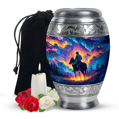 Cobalt Blue Horse Polo Cremation Urn back view with polished surface - royal horse polo engraving with decorative scrollwork - full-size 10 inch 200 cubic inch adult cremation urn