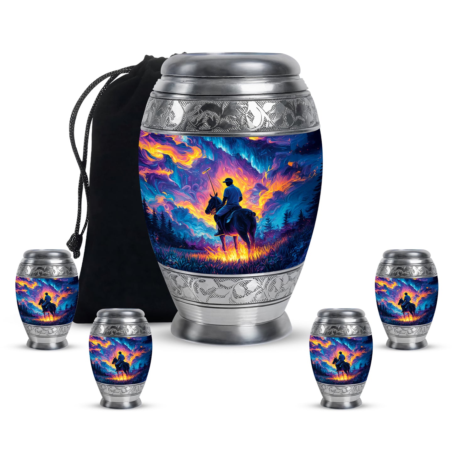 Steel Blue Horse Polo Cremation Urn detail view - royal horse polo engraving with decorative scrollwork - memorial set with one large and four small urns