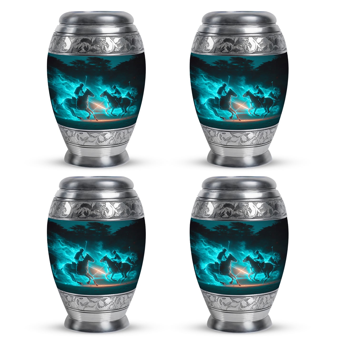 Ocean Teal Horse Polo Cremation Urn urn with complimentary velvet bag - regal horse polo design with crown-inspired accents - 10 inch aluminum urn for cremated remains