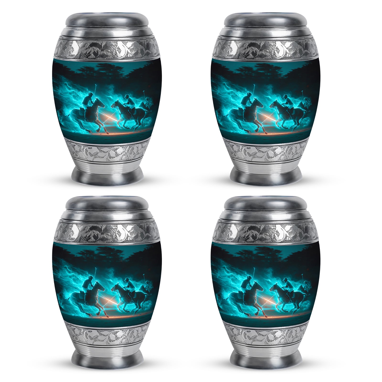 Ocean Teal Horse Polo Cremation Urn urn with complimentary velvet bag - regal horse polo design with crown-inspired accents - 10 inch aluminum urn for cremated remains