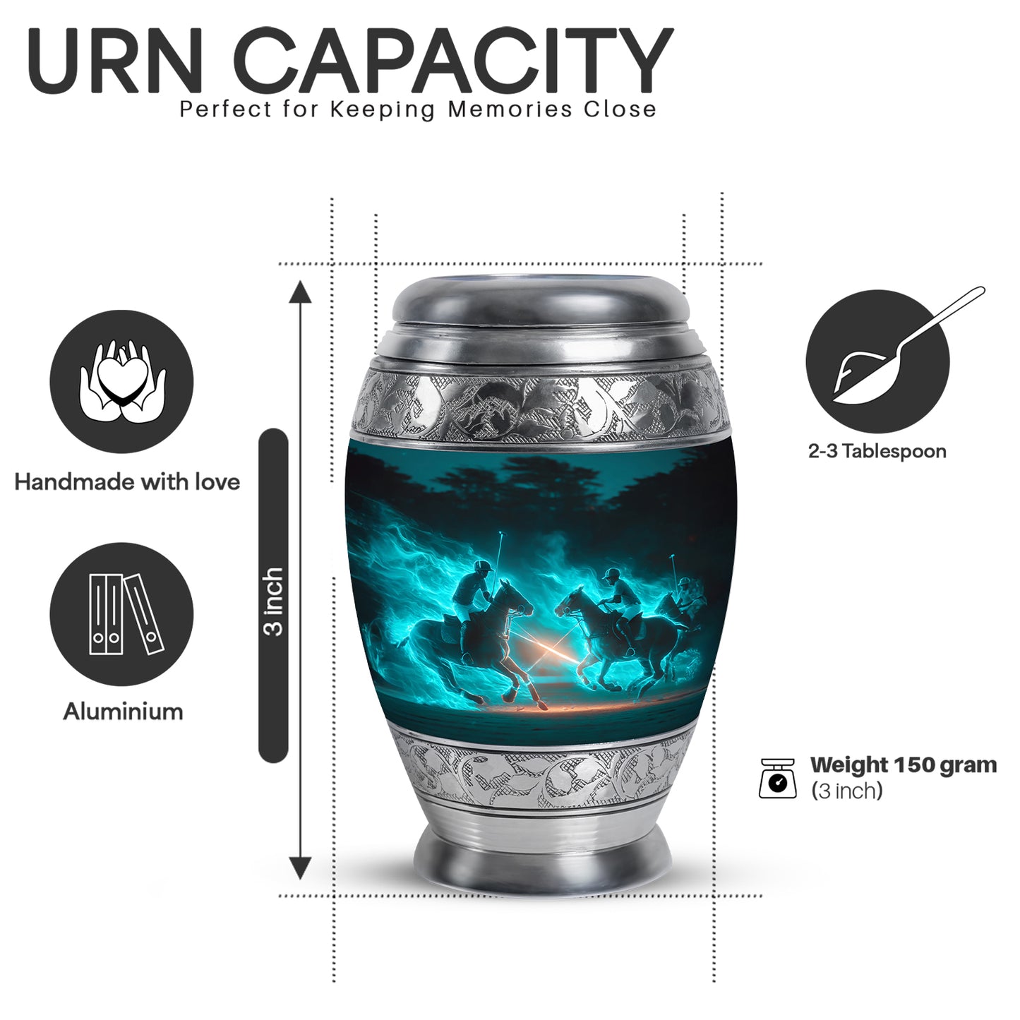 Cool Teal Horse Polo Cremation Urn lifestyle display on memorial shelf - regal horse polo design with crown-inspired accents - mini keepsake memorial for portion of cremation ashes