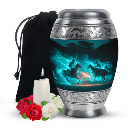 Tropical Teal Horse Polo Cremation Urn back view with polished surface - royal horse polo engraving with decorative scrollwork - full-size 10 inch 200 cubic inch adult cremation urn