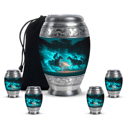 Tropical Teal Horse Polo Cremation Urn detail view - majestic horse polo pattern with filigree border - memorial set with one large and four small urns
