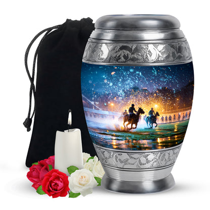 Celestial Blue Horse Polo Cremation Urn back view with polished surface - regal horse polo design with crown-inspired accents - full-size 10 inch 200 cubic inch adult cremation urn