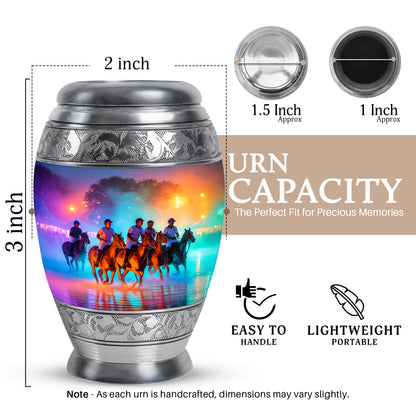 Royal Purple Horse Polo Cremation Urn lifestyle display on memorial shelf - majestic horse polo pattern with filigree border - mini keepsake memorial for portion of cremation ashes