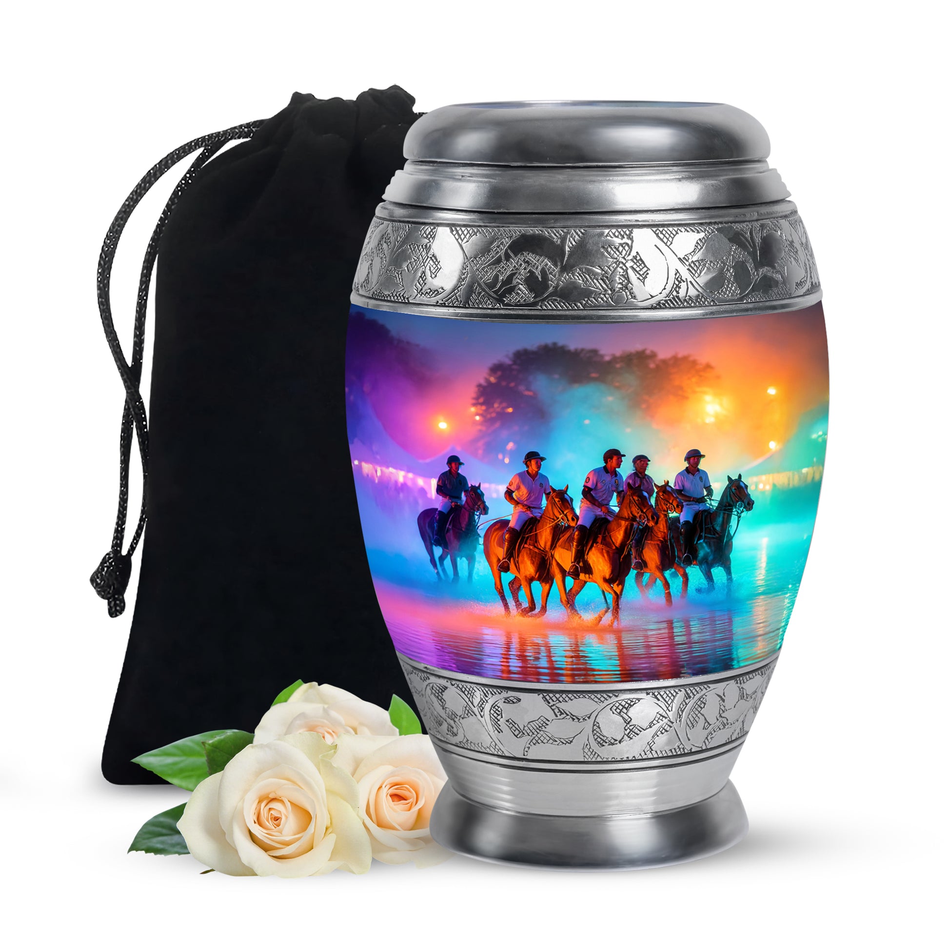 Deep Purple Horse Polo Cremation Urn back view with polished surface - ornate monarch-style horse polo relief on brushed aluminum - full-size 10 inch 200 cubic inch adult cremation urn