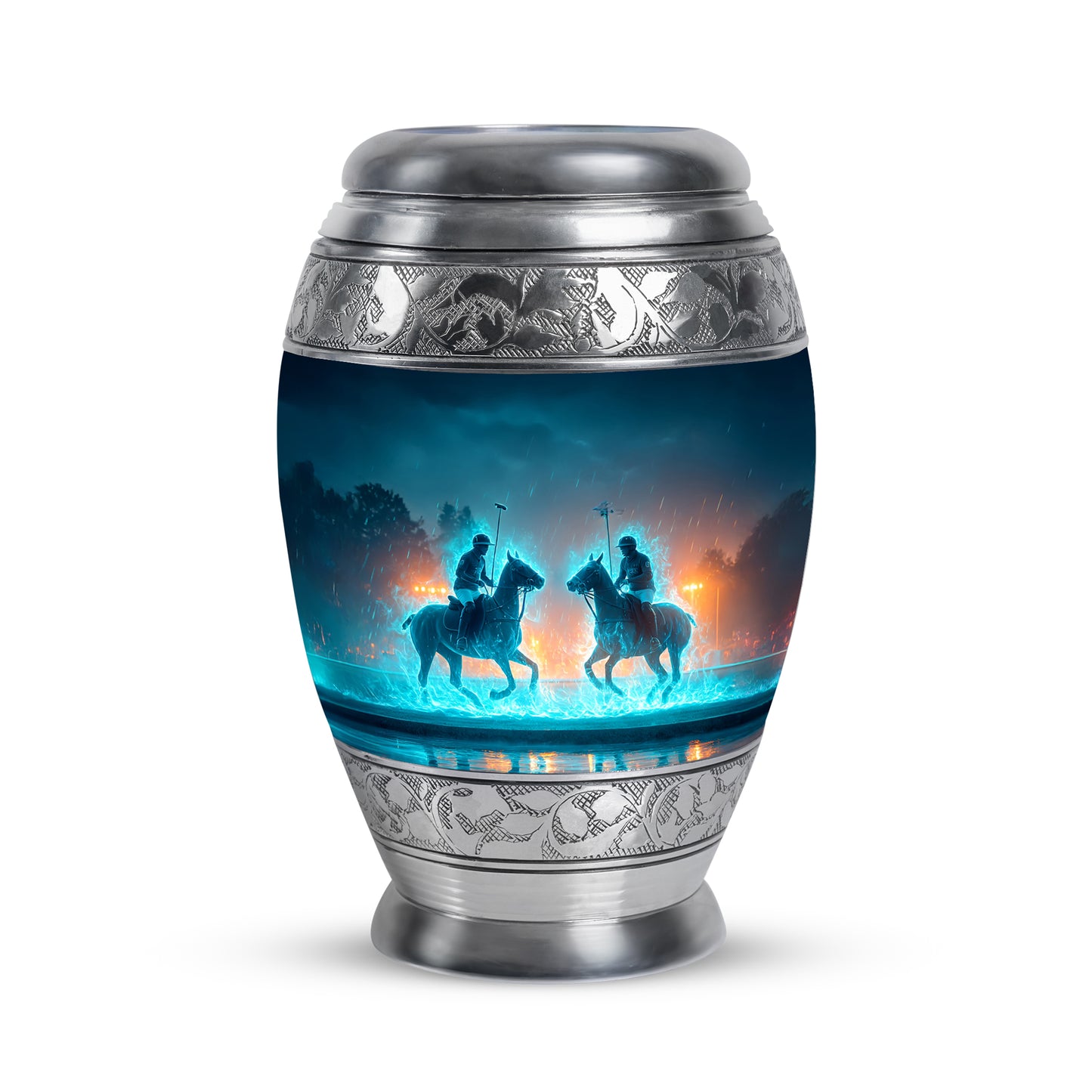 Blue Stately Horse Polo Cremation Urns for Human Ashes - 10-inch, 200 cu in - Yatskia