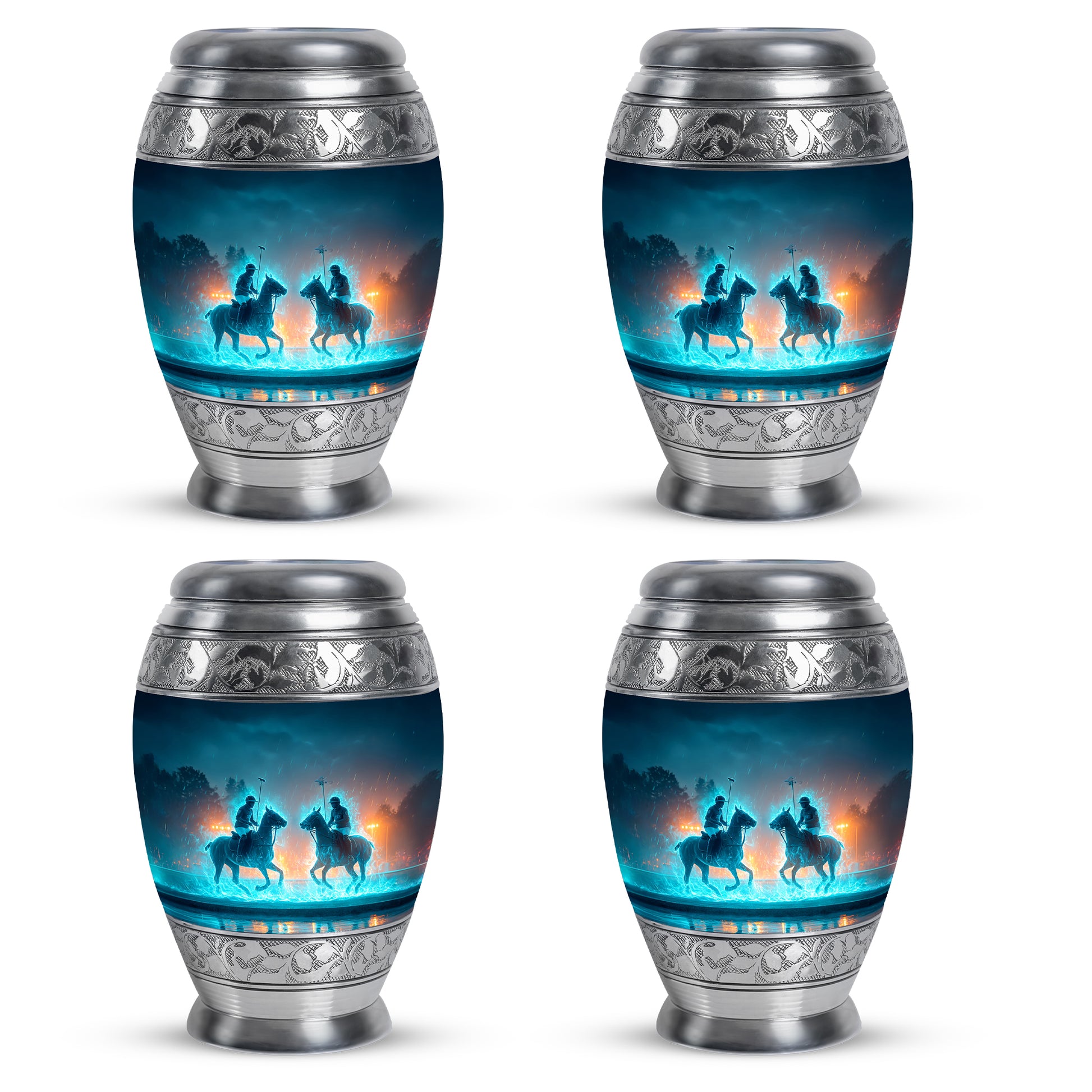 Vivid Blue Horse Polo Cremation Urn urn with complimentary velvet bag - majestic horse polo pattern with filigree border - 10 inch aluminum urn for cremated remains