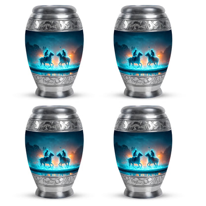 Vivid Blue Horse Polo Cremation Urn urn with complimentary velvet bag - majestic horse polo pattern with filigree border - 10 inch aluminum urn for cremated remains