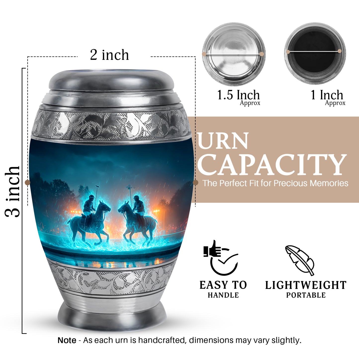 Twilight Blue Horse Polo Cremation Urn lifestyle display on memorial shelf - royal horse polo engraving with decorative scrollwork - mini keepsake memorial for portion of cremation ashes