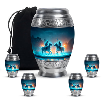 Vivid Blue Horse Polo Cremation Urn detail view - royal horse polo engraving with decorative scrollwork - memorial set with one large and four small urns