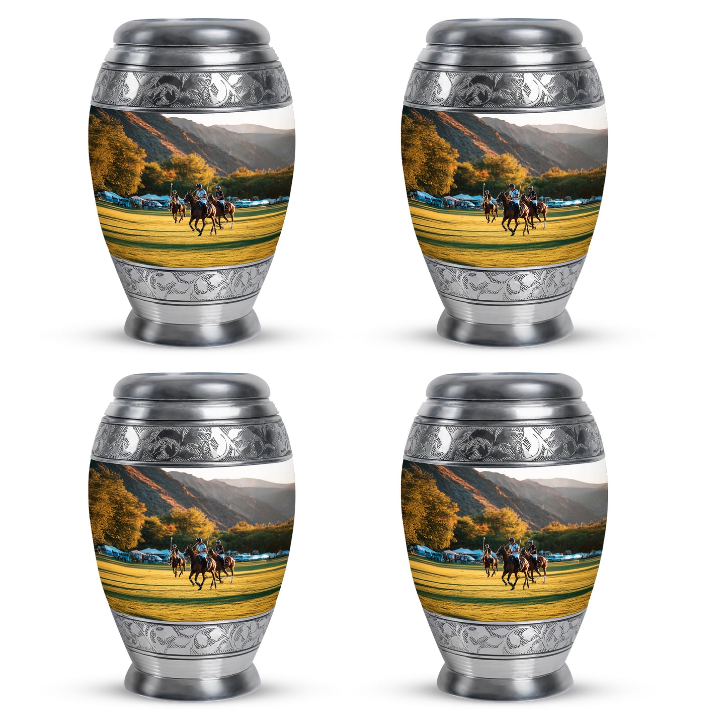 Platinum Silver Horse Polo Cremation Urn urn with complimentary velvet bag - ornate monarch-style horse polo relief on brushed aluminum - 10 inch aluminum urn for cremated remains