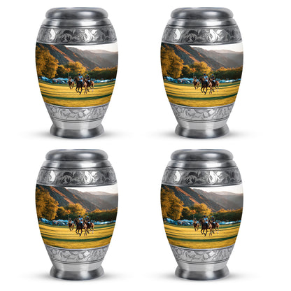 Platinum Silver Horse Polo Cremation Urn urn with complimentary velvet bag - ornate monarch-style horse polo relief on brushed aluminum - 10 inch aluminum urn for cremated remains