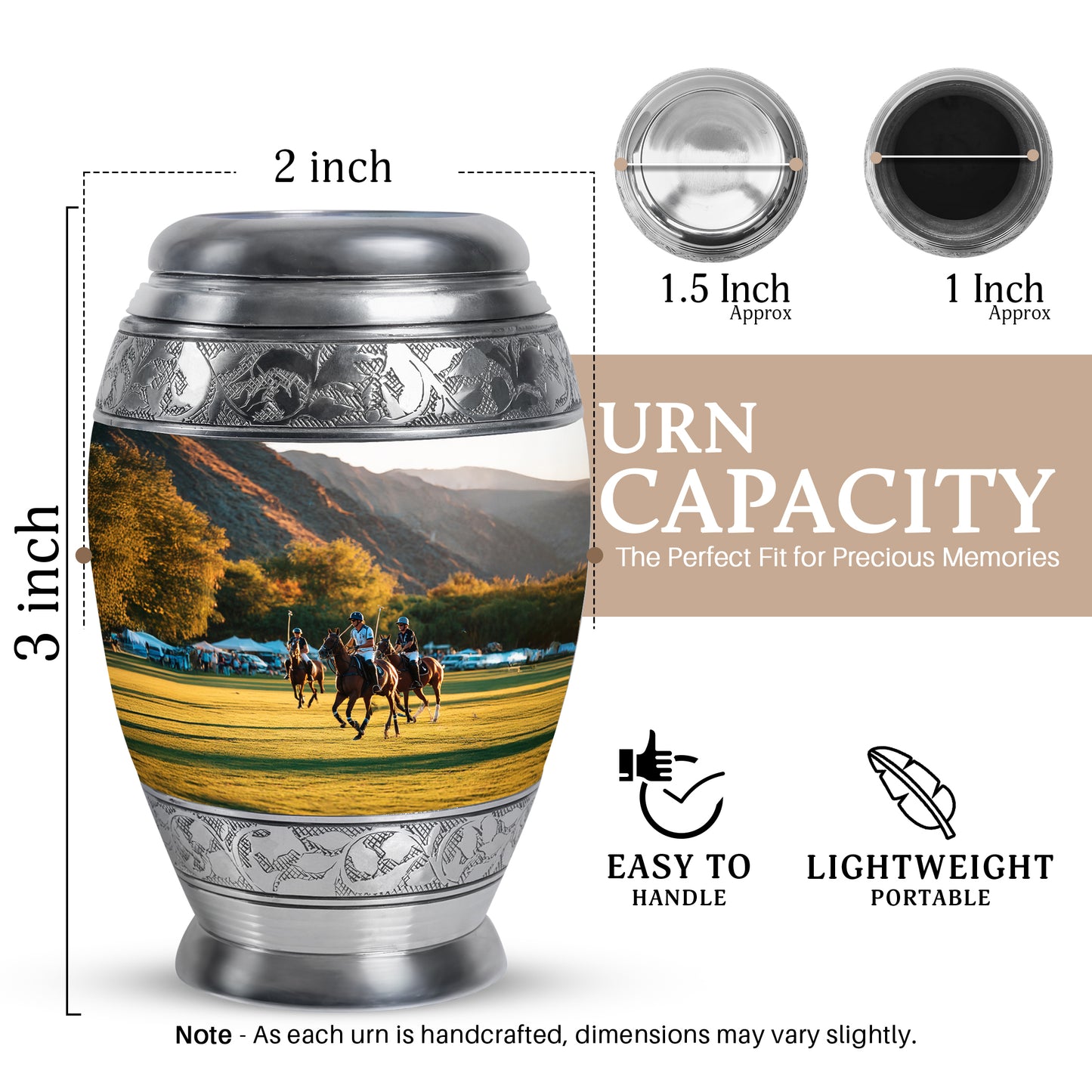 Polished Silver Horse Polo Cremation Urn lifestyle display on memorial shelf - majestic horse polo pattern with filigree border - mini keepsake memorial for portion of cremation ashes
