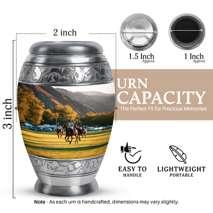 Polished Silver Horse Polo Cremation Urn lifestyle display on memorial shelf - majestic horse polo pattern with filigree border - mini keepsake memorial for portion of cremation ashes