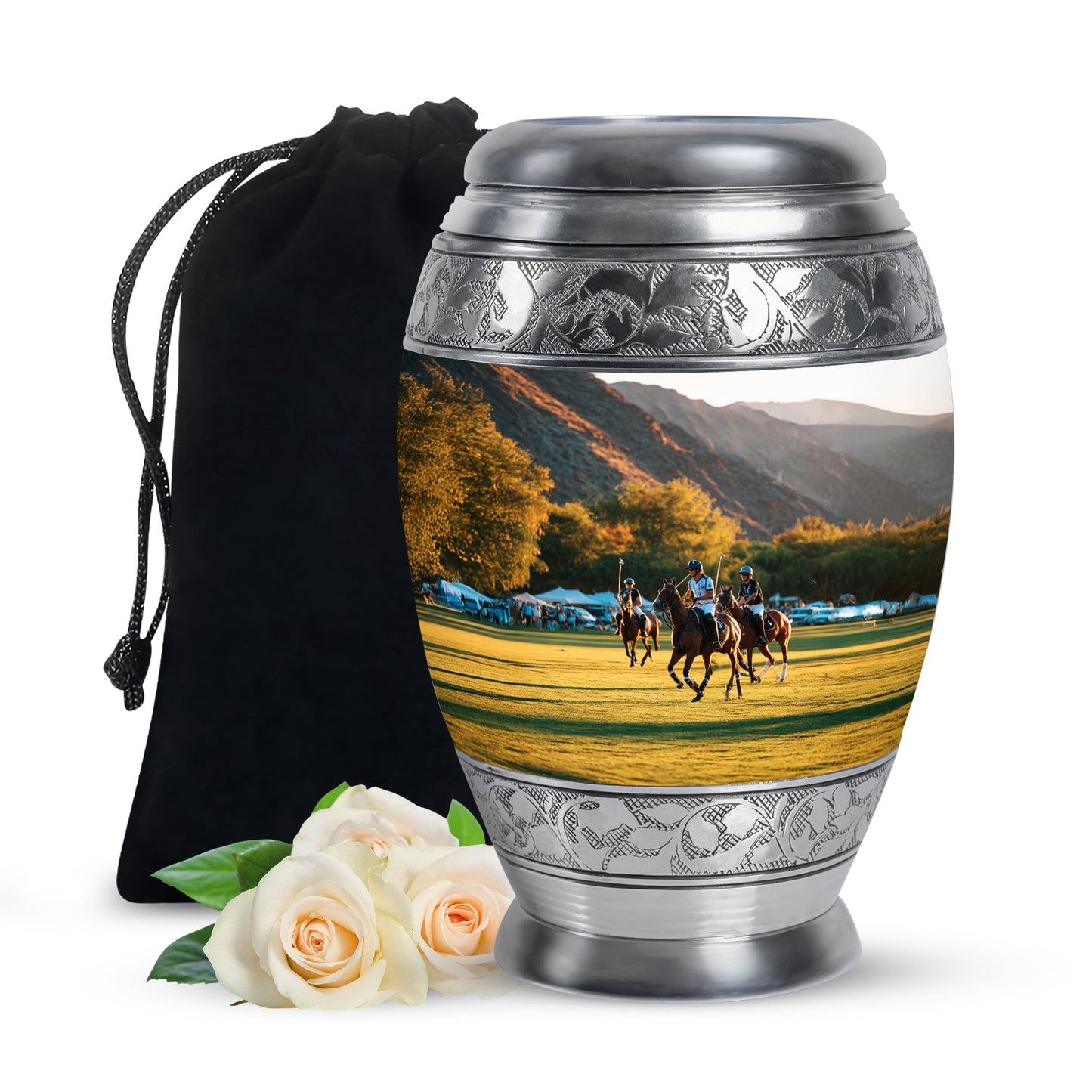 Sterling Silver Horse Polo Cremation Urn back view with polished surface - regal horse polo design with crown-inspired accents - full-size 10 inch 200 cubic inch adult cremation urn